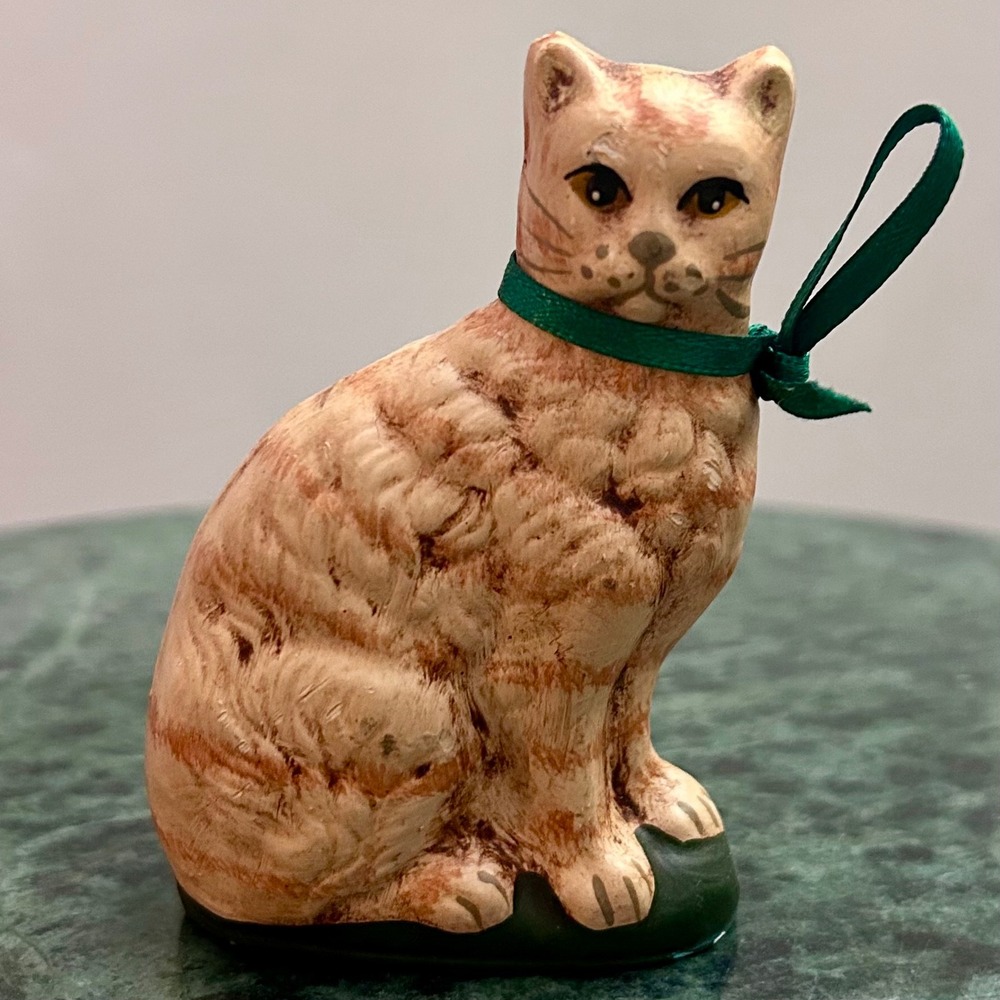 Vintage Style Orange Tabby Cat Figurine Hand Painted with Green Ribbon Bow